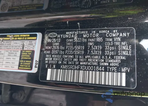 2013 Hyundai Santa Fe Limited from USA, damaged, VIN KM8SRDHFXDU001844